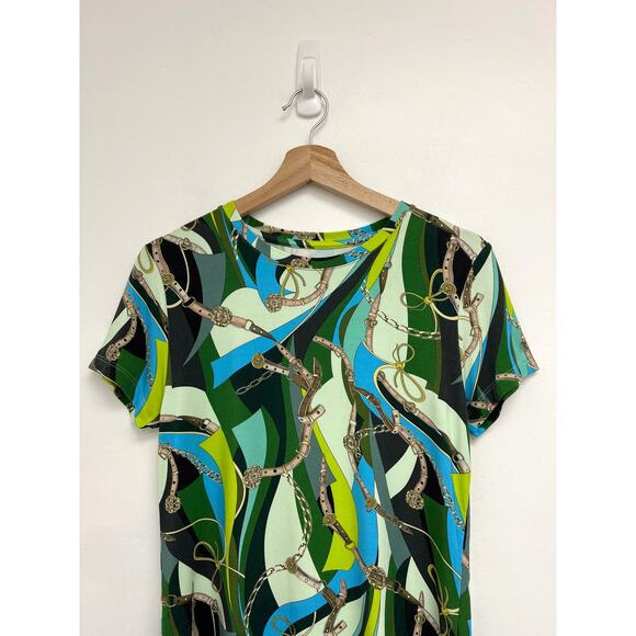 L’Agence Ressi Sea Green Equestrian Belt Swirl Colorful Print Luxury T-Shirt Med - Picture 4 of 11